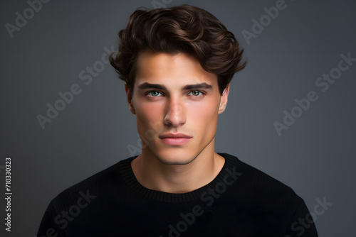 Confident Style: Portrait of a Handsome Young Man in Black T-Shirt on Black Background