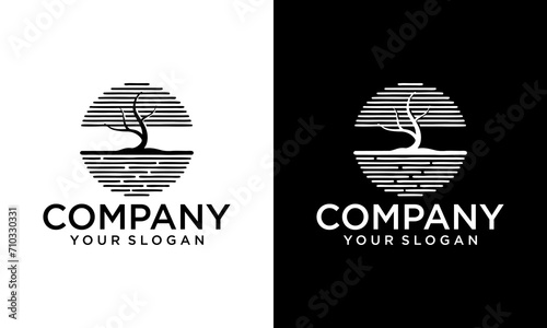 Creative abstract circle bonsai logo vector, illustration design of sunset and bonsai, business branding icon
