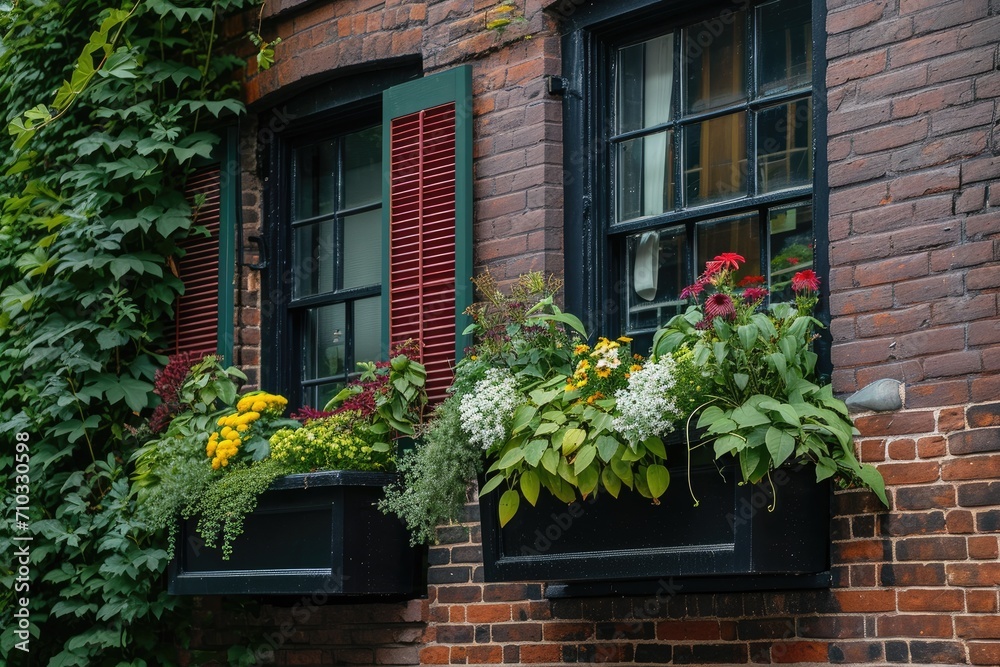 Window boxes with plants on the side of a brick building Window boxes with plants on the side of a brick building