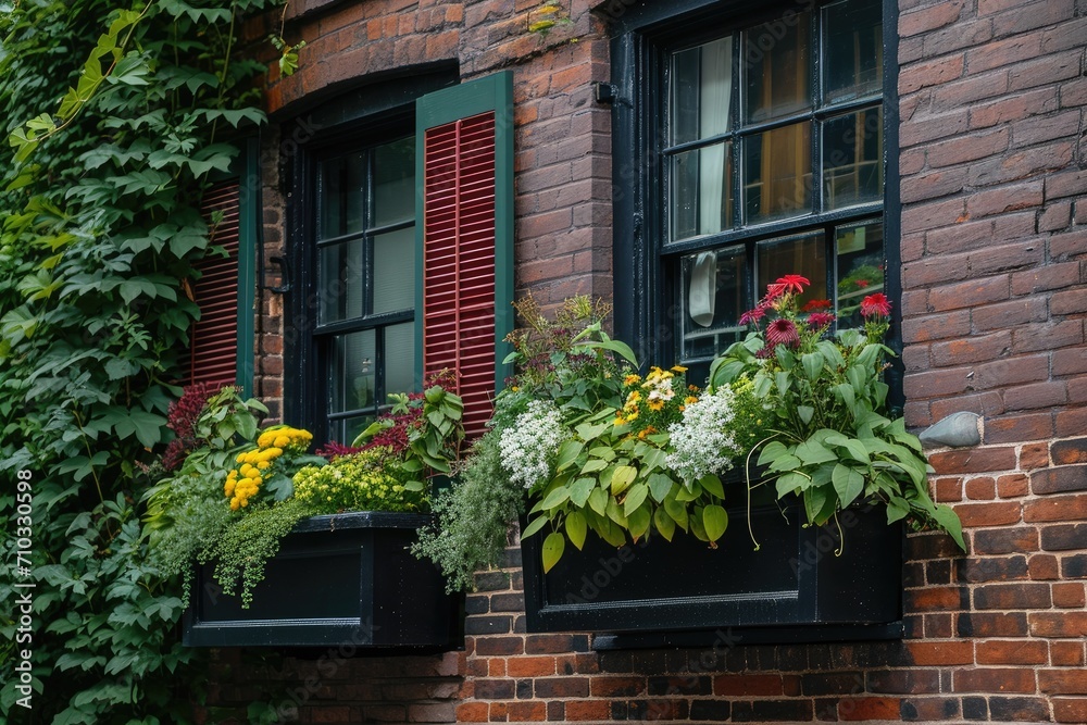 Window boxes with plants on the side of a brick building