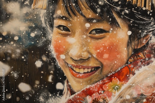 Smiling Japanese girl in the snow.