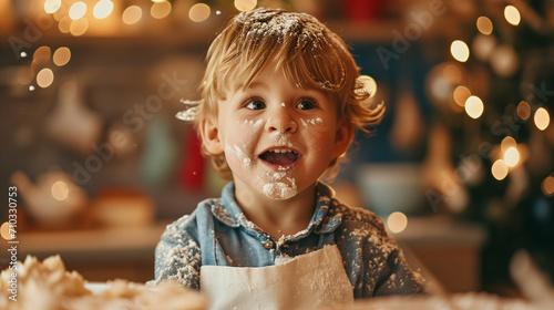A kid making a cake with surprised and proud expression. Concept of creative and careless