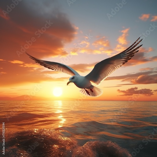 A seagull flies into the sea at sunset. 3D rendering. AI. © Alex Alex