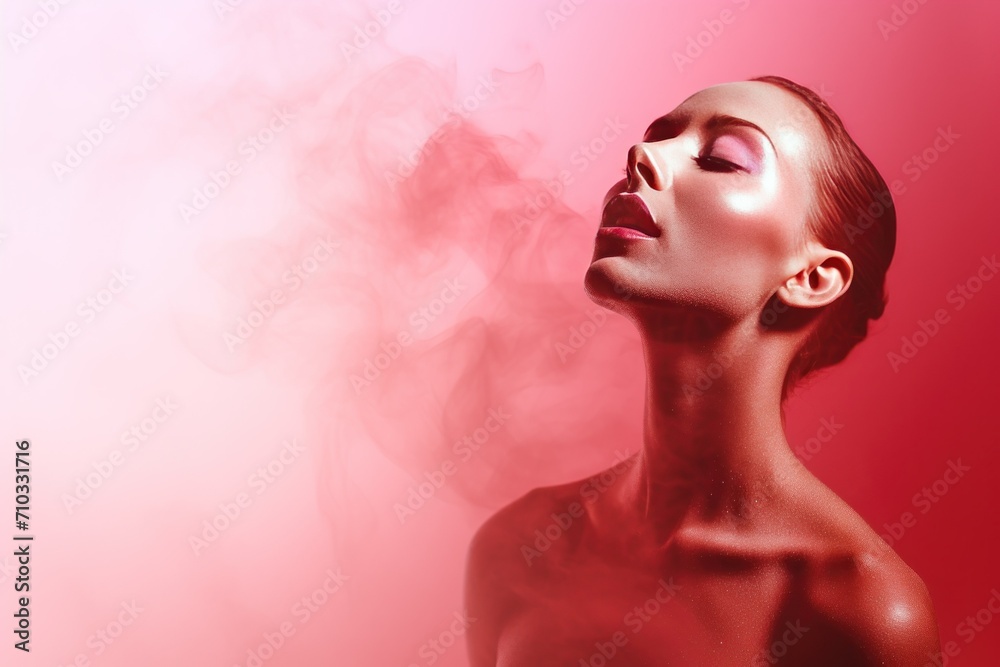Smoke and colors. Woman smoker. Women portrait with pink peach pigments, deep red with pink smoky mist gradient, Happy women's day. 8 March.