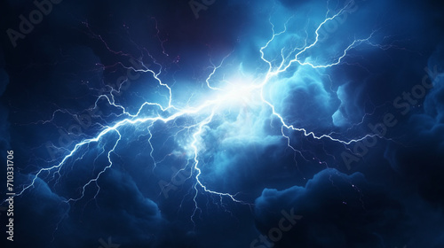 Lightning strikes against a dark background, blue background with a lot of lightning, Generative AI