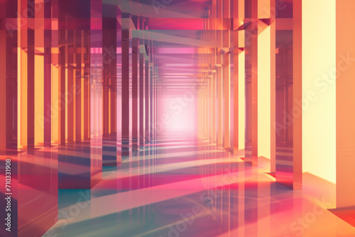 Surreal Corridor of Light and Color, Abstract Perspective View.