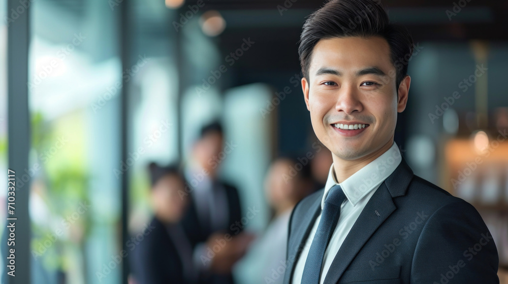 Portrait of a handsome smiling asian businessman boss standing in his modern business company office. Portrait of a handsome smiling asian businessman boss standing in his modern business company office.