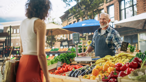 Obraz na plátně Multiethnic Female Customer Buying Sustainable Natural Tomatoes From a Joyful Senior Farmer on a Sunny Summer Day