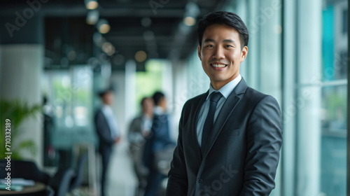 Portrait of a handsome smiling asian businessman boss standing in his modern business company office. © Farnaces