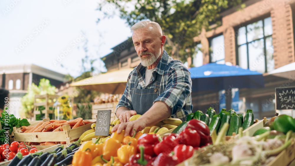 Portrait of a Middle Aged Street Vendor Working at a Farmers Market Stall with Fresh Organic Agricultural Products. Businessman Looking at Camera and Smiling. Farmer Selling Eco Fruits and Vegetables Portrait of a Middle Aged Street Vendor Working at a Farmers Market Stall with Fresh Organic Agricultural Products. Businessman Looking at Camera and Smiling. Farmer Selling Eco Fruits and Vegetables