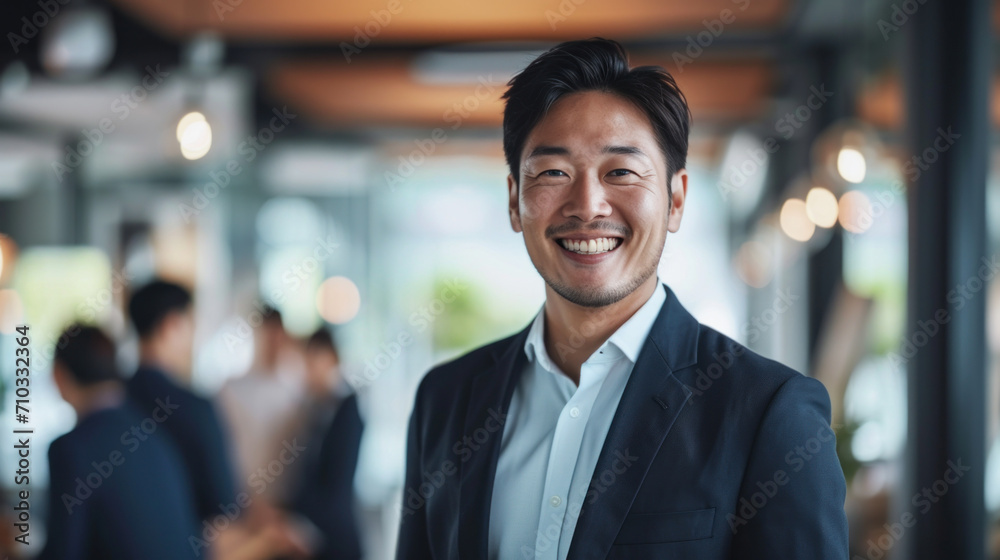 Portrait of a handsome smiling asian businessman boss standing in his modern business company office. Portrait of a handsome smiling asian businessman boss standing in his modern business company office.