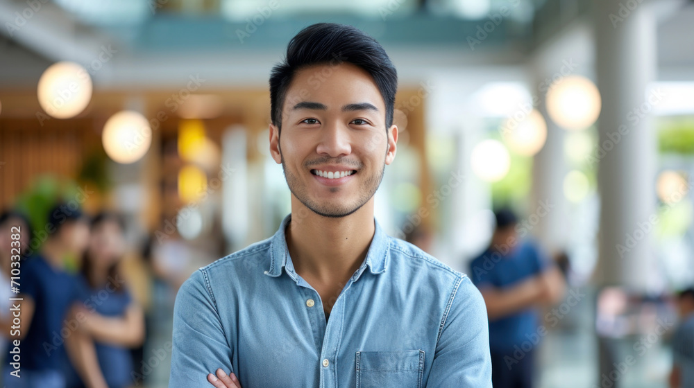 Portrait of a handsome smiling asian businessman boss standing in his modern business company office. Portrait of a handsome smiling asian businessman boss standing in his modern business company office.