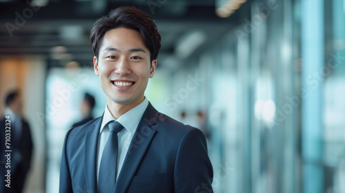 Portrait of a handsome smiling asian businessman boss standing in his modern business company office.