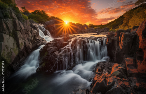 Beautiful Waterfall landscape with stunning vivid colors and colorful clouds Image, AI Generative Photo,