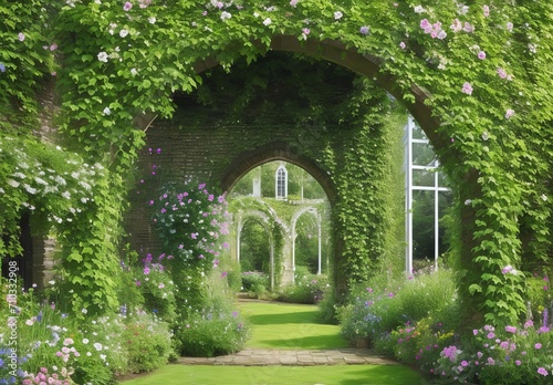 Green plant arches in english countryside garden. Generative AI 