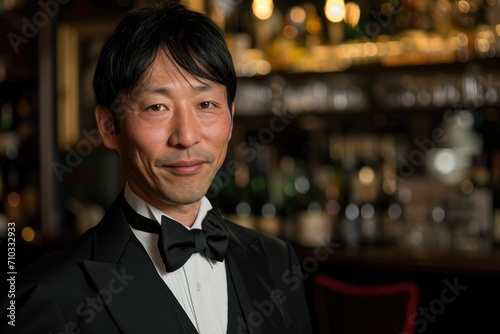 Studio portrait of a Japanese man in a sophisticated evening attire, with an upscale City restaurant background