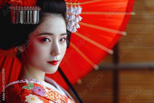 Studio portrait of a Japanese woman as a traditional geisha, with an elegant tea house background