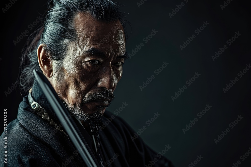 Studio shot of a samurai in a pensive pose, gazing into the distance, thoughtful and serene, soft-lit background