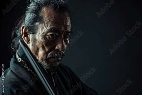 Studio shot of a samurai in a pensive pose, gazing into the distance, thoughtful and serene, soft-lit background