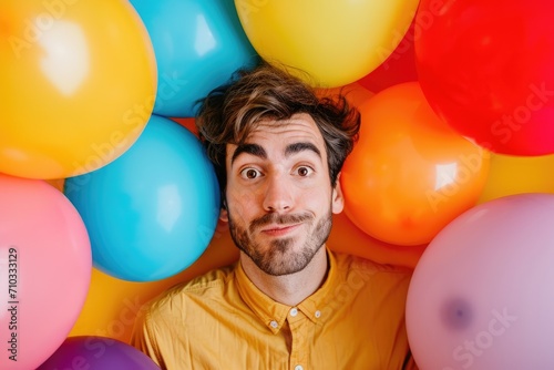 Whimsical studio portrait of a European man with a playful expression, surrounded by colorful balloons, isolated on a bright background © furyon