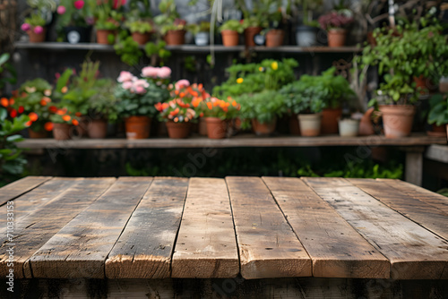 Empty Wooden Tabletop with Blurry Plant House Background