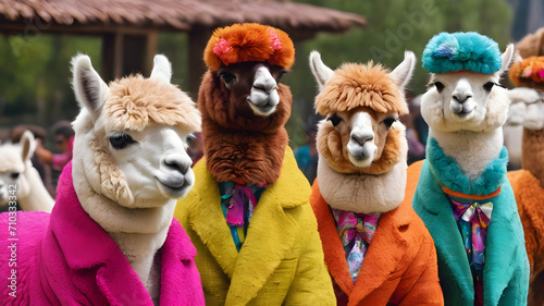 Funny alpaca team group dressed in colorful suits photo