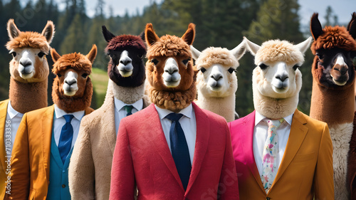 Funny alpaca team group dressed in colorful suits