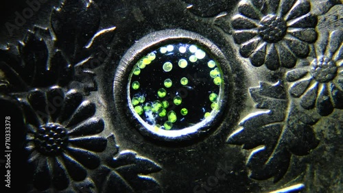Japanese 50 Yen Coin Opening filled with swimming Volvox microbes magnified 20x photo