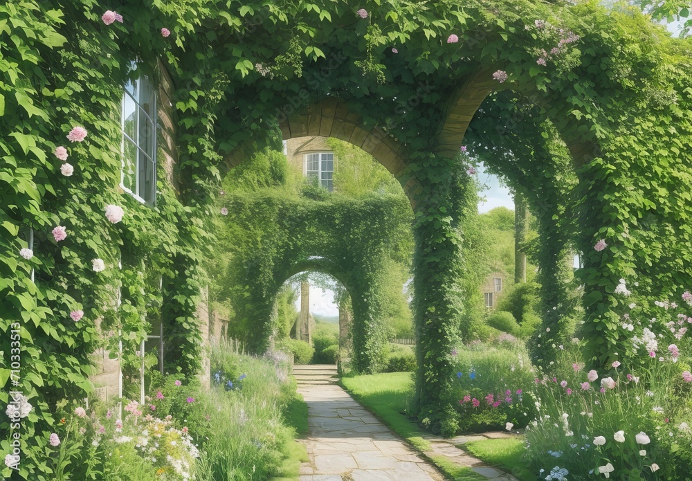Green plant arches in english countryside garden. Generative AI
