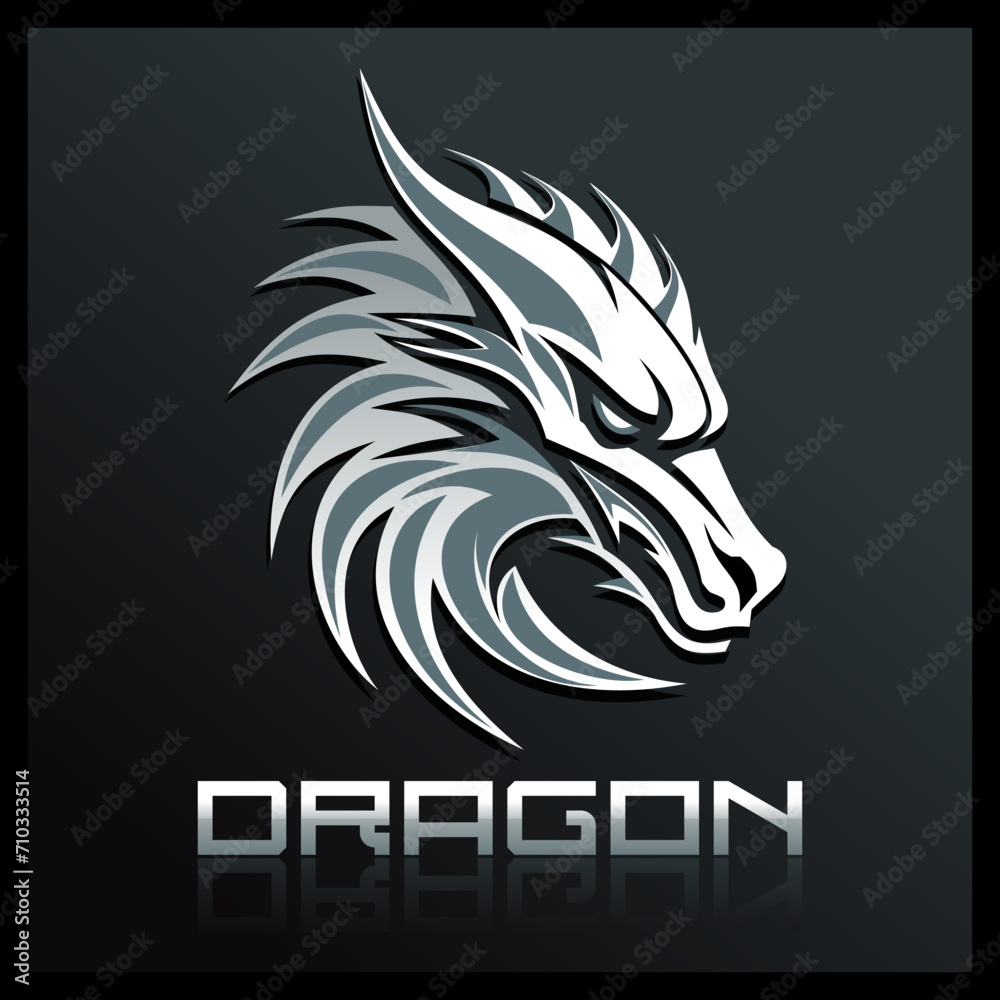 Naklejka premium Dragon design logo template. Dragon head on a dark background. Vector illustration