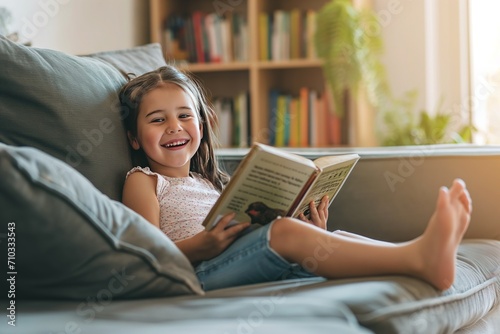 Joyful happy child baby girl smiling and reading book while sitting on couch sofa in living room at home. Girl relex reading book smile at sofa In the house. Back to school concept. photo