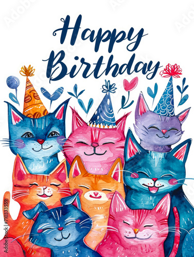 Birthday Card very colourful with Smiling and laughing Cats and Birthday hats on their heads  Gouache  Happy Birthday 