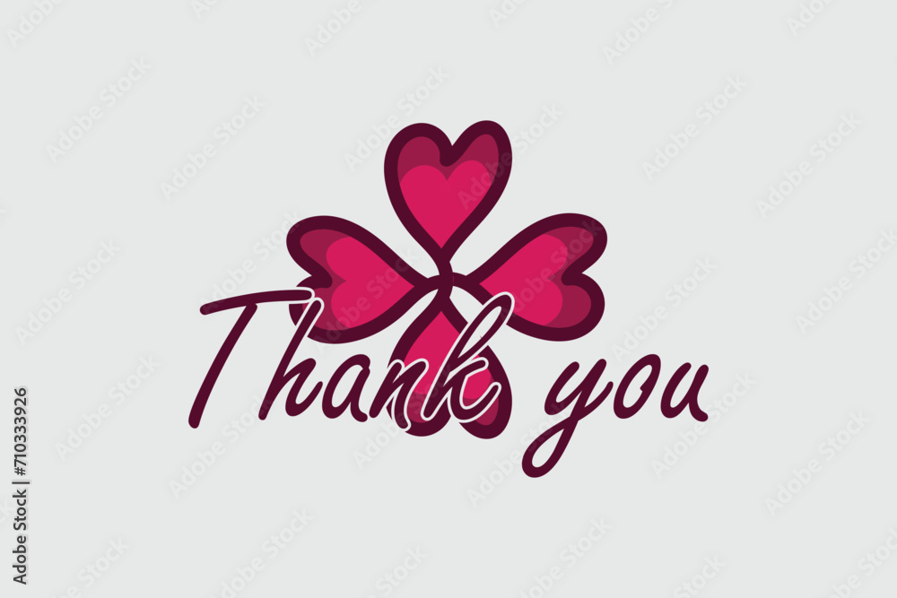Thank you lettering with heart flower.    Thank you greeting card vector isolated on flat background.