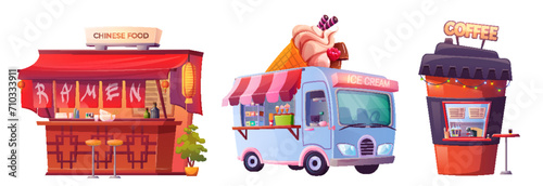 Street food stalls with chinese dishes, ice cream and coffee for park festival, market or fun fair. Cartoon vector illustration set of fast food and drink cafe stand and kiosk for traditional carnival