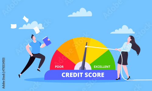 Woman pulls credit score arrow gauge speedometer indicator with color levels. Measurement from poor to excellent rating for credit or mortgage loans concept flat style design vector illustration.