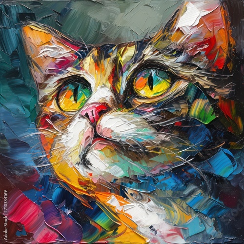 A colorful and textured abstract hand-drawn painting of a cute cat  perfect for wall decor with a contemporary flair