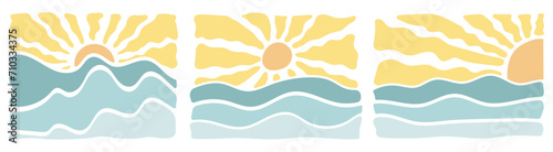 Groovy retro abstract sunset in a sea backgrounds. doodle shapes in trendy naive hippie 60s 70s style. Square wavy vector illustration in yellow colors.