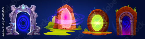 Set of magic game portals isolated on background. Vector cartoon illustration of iron, wooden, stone arch gates with neon blue, pink, green energy effect, teleport to parallel world, time travel