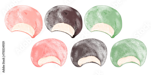 Sweet dessert mochi ice cream. Strawberry flavor, chocolate flavor, green tea flavor.