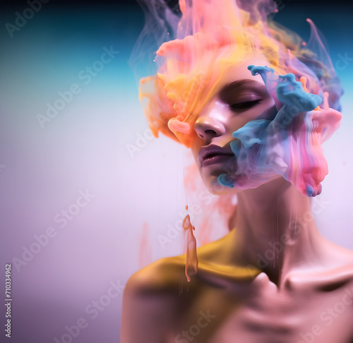 Fashion surreal Concept. Closeup portrait of stunning girl surround dissolve in bright neon swirling flowing smoke fog liquid. illuminated dynamic composition and dramatic lighting. copy text space 