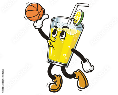 Glass of lemonade Lemon drink playing slam dunk basketball cartoon mascot illustration character vector clip art hand drawn