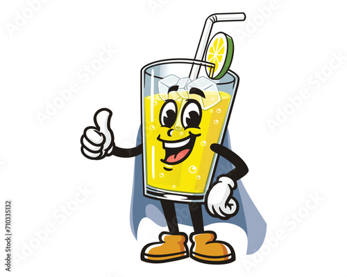 Glass of lemonade Lemon drink with caped superhero style cartoon mascot illustration character vector clip art hand drawn