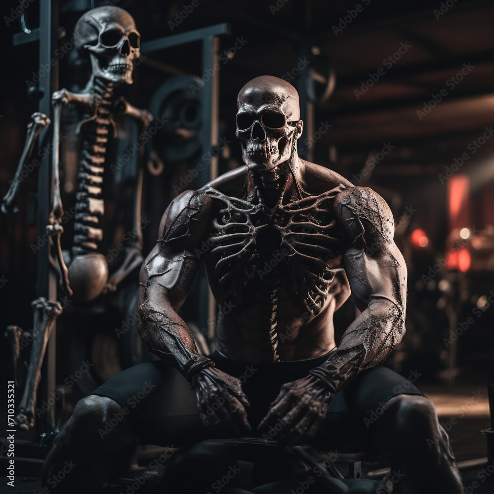 Bodybuilder performing skull crushers