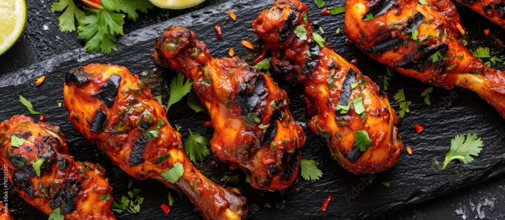 Caribbean jerk chicken on black platter, top view, close-up. Caribbean jerk chicken on black platter, top view, close-up.