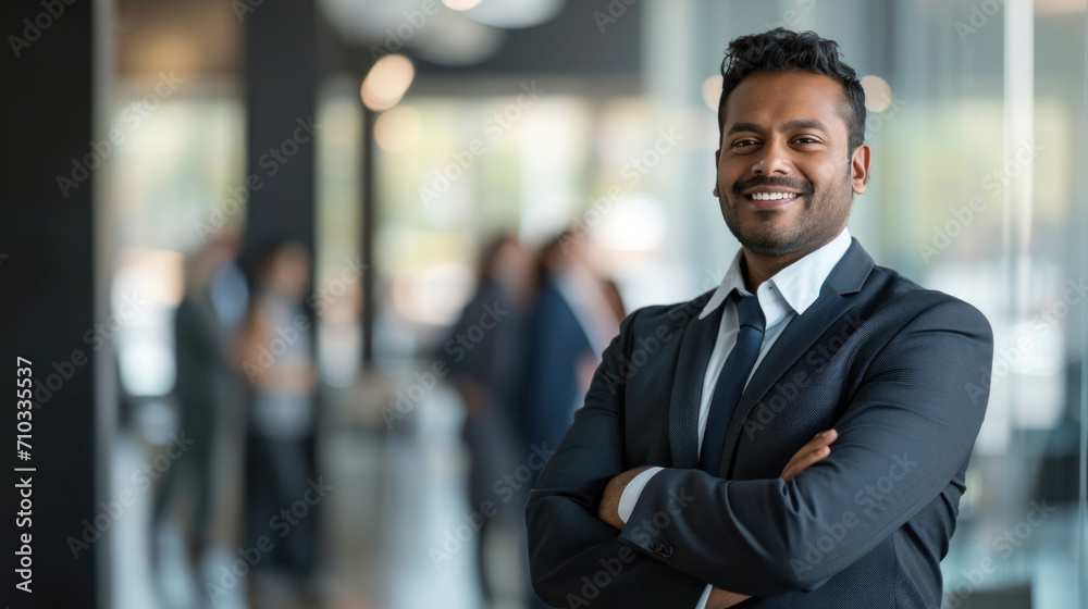 Portrait of a handsome smiling asian indian businessman boss standing in his modern business company office. Portrait of a handsome smiling asian indian businessman boss standing in his modern business company office.