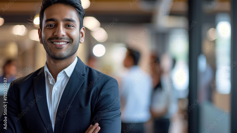 Portrait of a handsome smiling asian indian businessman boss standing in his modern business company office.