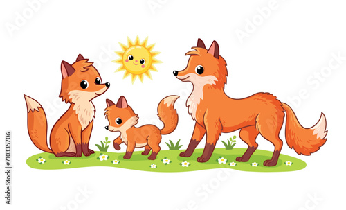 Wallpaper Mural Cute family of foxes stands in a green meadow on a white background. Cute forest animals in cartoon style. The fox cub stands with its parents. Torontodigital.ca