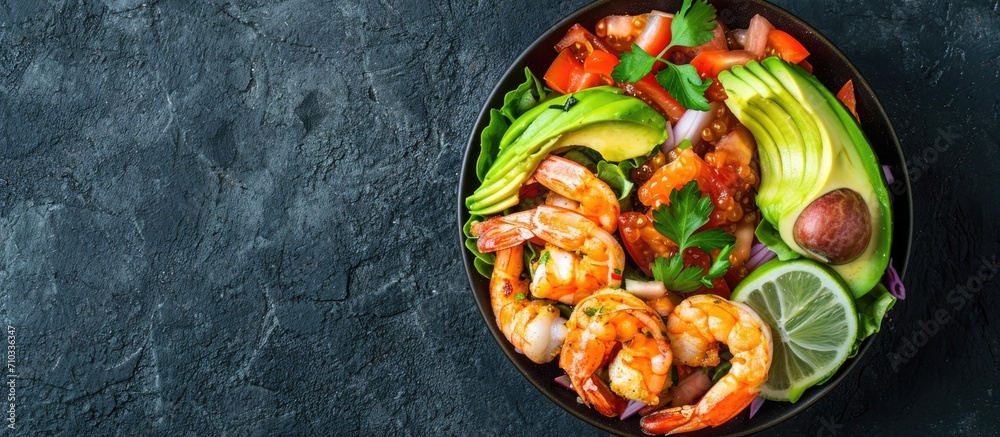 Top view of a bowl with avocado and shrimp salad, space to copy Top view of a bowl with avocado and shrimp salad, space to copy