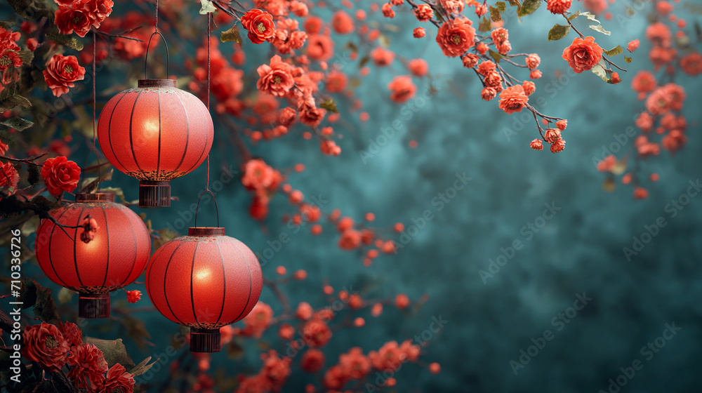 Several lanterns hanging from a cherry blossom tree with red flowers. Background image for Chinese New Year celebrations.