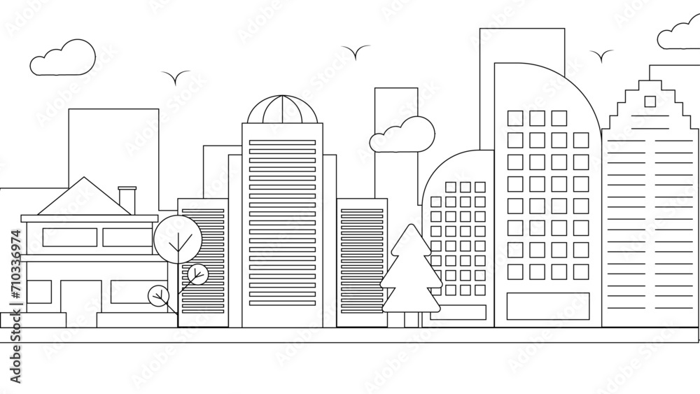 Black and white city building outline illustration background. Vector line art outline cityscape concept